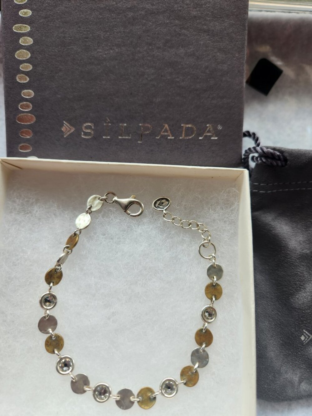 SILPADA-Sterling Silver Brass Swarovski Crystal Link Adjustable Bracelet